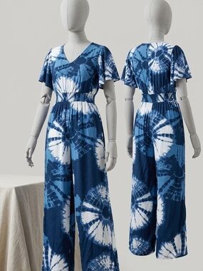 Blue Tie-Dye V-Neck Wide-Leg Jumpsuit